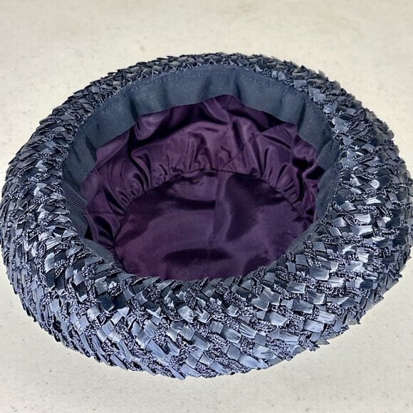 Vintage braided straw‎ 1960’s Ribbon Navy Blue Womens Bowler Clouche Hat - Picture 5 of 7